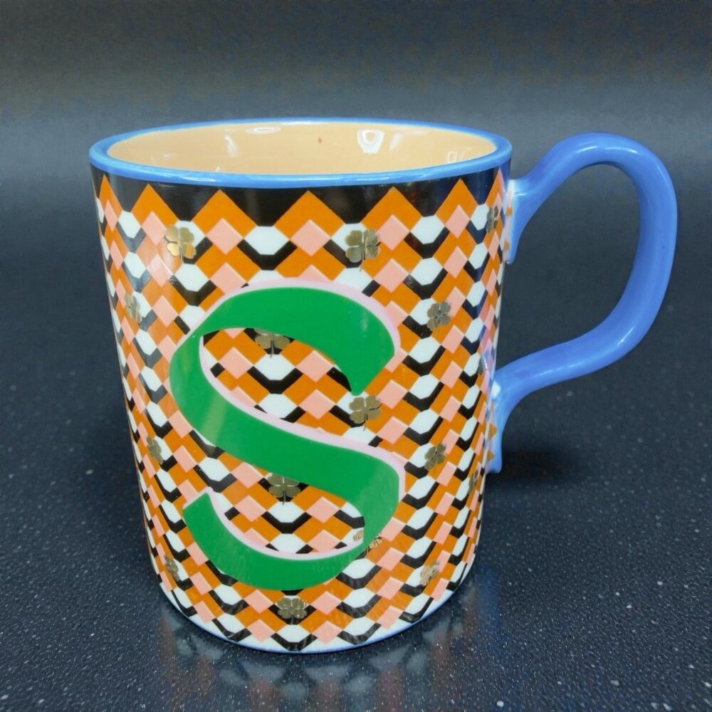 Anthropologie Bistro Tile Ceramic Coffee Mug Cup Monogram Letter S Shamrocks Mug